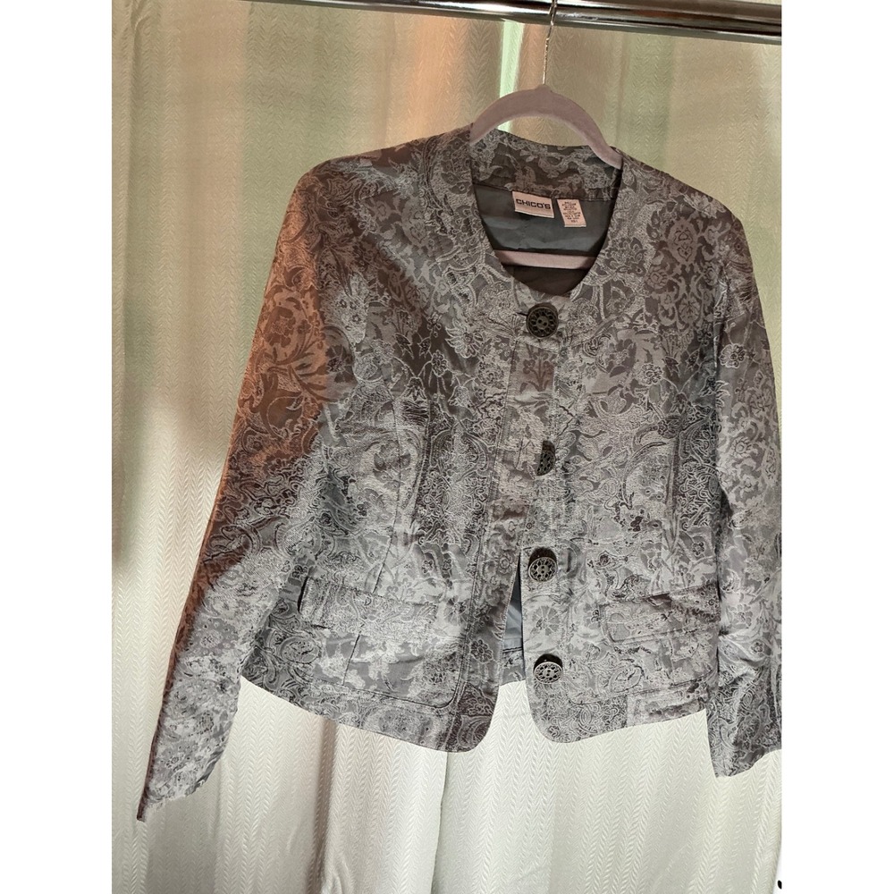 Chico's Gray Floral Button Front Cropped Jacket Career Elegant